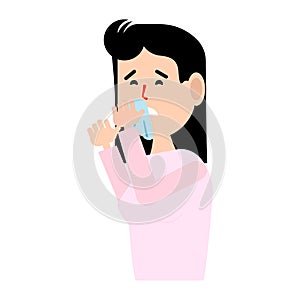 A woman s runny nose.Flat illustration.Rhinitis.Allergies to pollen, Pets.The disease is viral, ill health.Vector illustration