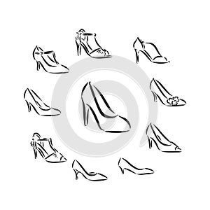 Woman`s shoe, vector sketch, women`s Shoe, vector sketch illustration