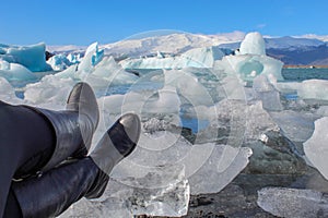 woman& x27;s shoes at the JÃ¶kulsÃ¡rlÃ³n Glacier Lagoon in Southern Iceland