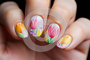 Woman\'s short fingernails with colorful spring themed nail polish with tulip flower art deisgn