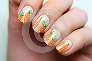 Woman\'s short fingernails with seasonal Easter nail art design with carrots