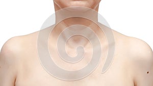 Woman& x27;s shoulders, chin, neck and arms on white background.