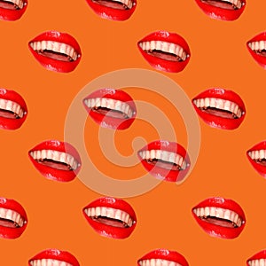 A woman`s smile on an orange background. Bright background with red lips. White, even teeth. Pattern