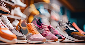 Woman's sneakers in a shop with bokeh effect