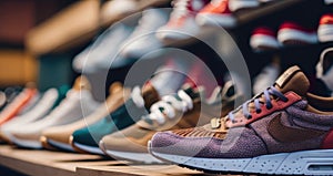 Woman's sneakers in a shop with bokeh effect