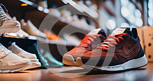 Woman's sneakers in a shop with bokeh effect