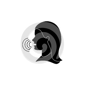 Woman`s speech illustration. female head with sound vibration or waves vector icon