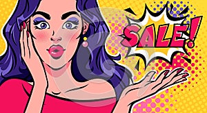 Woman`s surprised face with open palm and SALE text in comic style.