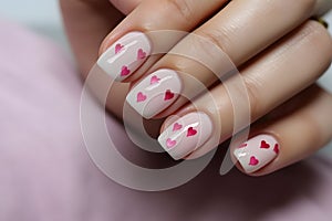 Woman\'s Valentine\'s day fingernails with light pink colored nail polish with pink hearts