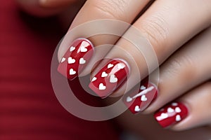 Woman's Valentine's day fingernails with red colored nail polish with white hearts