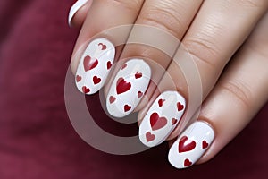 Woman\'s Valentine\'s day fingernails with white colored nail polish with red hearts