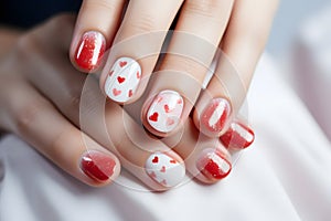 Woman\'s Valentine\'s day fingernails with white and red colored nail polish with red hearts