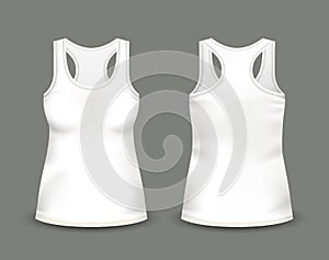 Woman`s white sleeveless tank top in front and back views. Vector illustration with realistic male shirt template.