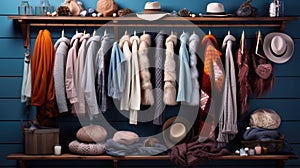 a woman's winter wardrobe choices. Neatly arranged on a hanger are various scarves, gloves, and hats in different