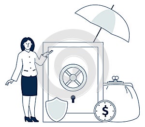 Woman with safe deposit. Financial security. Money insurance