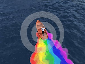 Woman sailing in a boat draws a rainbow plume on the water