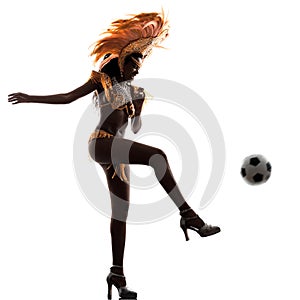 Woman samba dancer playing soccer silhouette