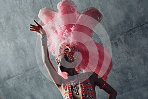 Woman in samba or lambada costume with pink feathers plumage