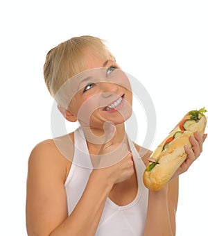 Woman with sandwich, isolated on white