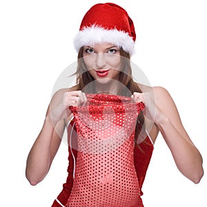 Woman in santa clause dress and gifts bag