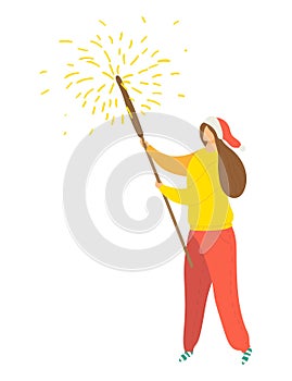 Woman in Santa hat holding sparkler. Celebratory mood with firework in hand, holiday celebration