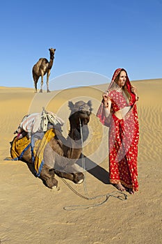 Woman in a sari with camels.