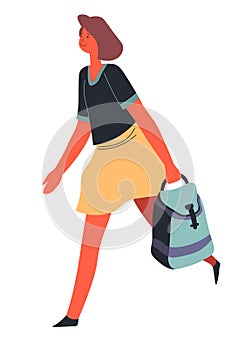 Woman with satchel hurrying, student or teacher vector