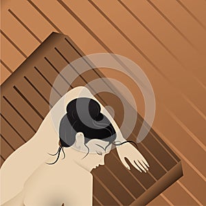 Woman on sauna bed, spa therapy, relaxation with wood spa. Creative realistic beautiful