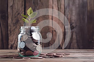 Woman saving coins in jar, dreaming of travel adventures