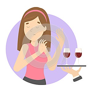 Woman say no to alcohol. Woman refuse glass of wine
