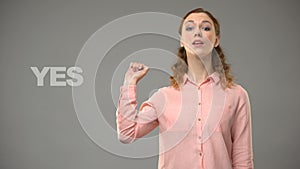 Woman saying i am fine in sign language, teacher showing words in asl tutorial