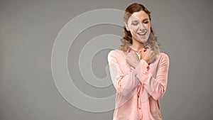 Woman saying love you in sign language, teacher showing words in asl, lesson