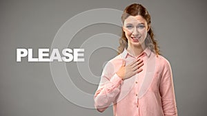 Woman saying please in sign language, text on background, communication for deaf photo