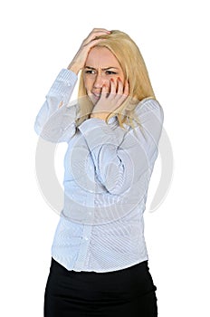 Woman scared cover face