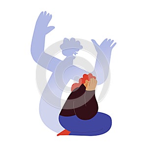 Woman scared of ghost evil coming out of herself, insecurities, pressure. Huge fear shadow. Modern flat vector illustration.