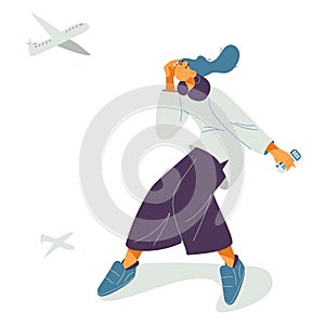 Woman scared of planes and flight with avia ticket. Aerofobia concept illustration isolated on white