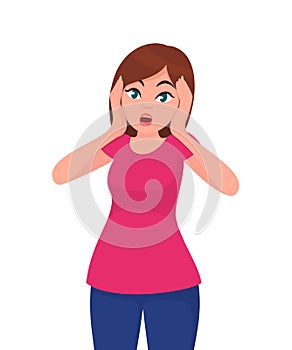 Woman with scared/shocked face expression, girl amazed and holding/keeping her hand on the face. Human emotion concept vector.