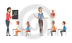 Woman School Teacher Teaching Pupil at Lesson and Kids Sitting and Listening Vector Set