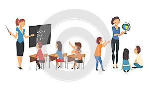 Woman School Teacher Teaching Pupil at Lesson and Kids Sitting and Listening Vector Set