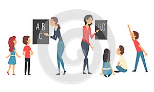 Woman School Teacher Teaching Pupil at Lesson and Kids Sitting and Listening Vector Set