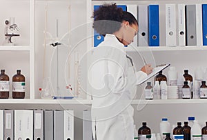 Woman, scientist and clipboard for report at lab for notes, stock taking for experiment. Science, biologist and