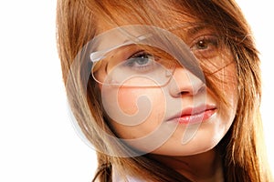 Woman scientist close up portrait, isolated