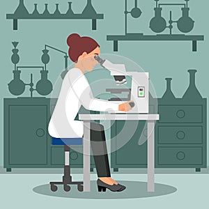 Woman scientist doing biology research using microscope. Female biologist at workplace. Lab equipment on background