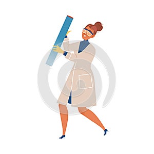 Woman Scientist in Glasses Carrying Tubes Conducting Scientific Research Vector Illustration