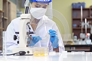 Woman scientist hand write note information in medical lab look at science microscope medical test, research biology chemistry.