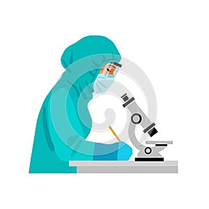 Woman scientist in potective suit and mask looking through microscope. Vector illustration