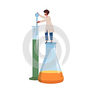 Woman Scientist Standing on Huge Glass Flask Conducting Scientific Research Vector Illustration