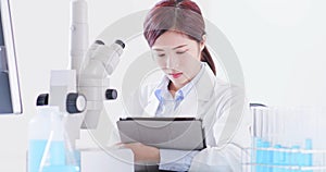 Woman scientist use microscope
