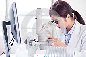 Woman scientist use microscope