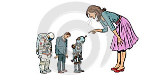 The woman scolds businessman, spaceman and robot